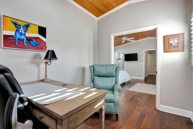 office area featuring wood ceiling, crown molding, ceiling fan, dark hardwood / wood-style flooring, and vaulted ceiling