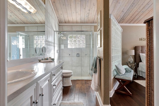 bathroom featuring an enclosed shower, wood ceiling, ornamental molding, vanity, and hardwood / wood-style floors