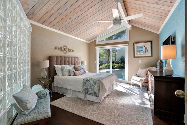 bedroom with vaulted ceiling, access to exterior, ceiling fan, and wood ceiling