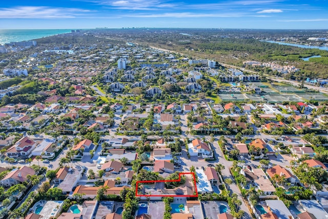 aerial view featuring a water view