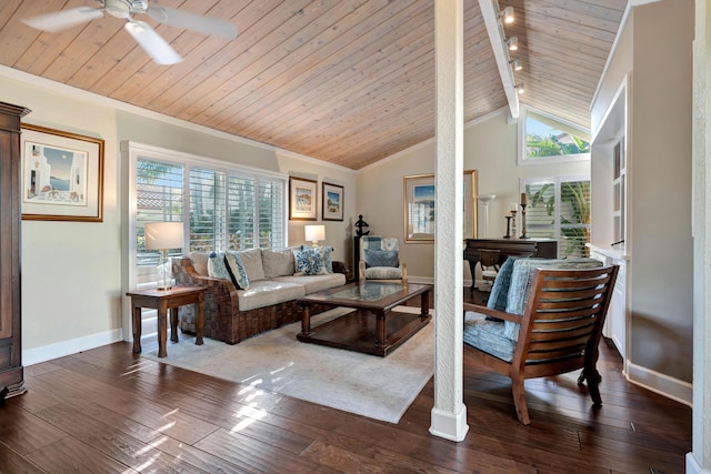 living room featuring dark wood-type flooring, rail lighting, vaulted ceiling with beams, wood ceiling, and ceiling fan