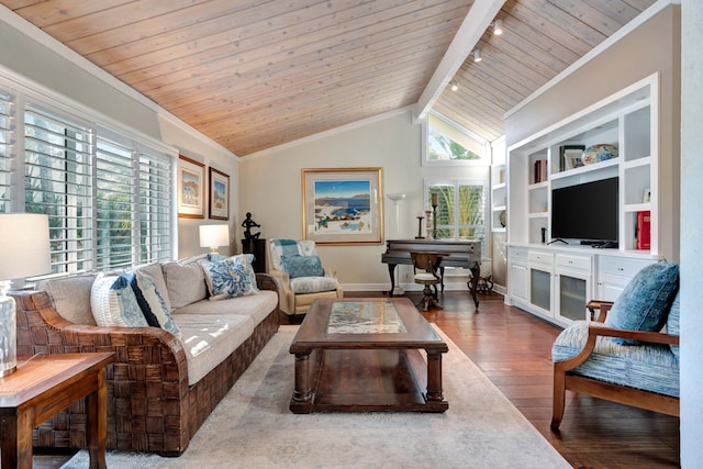 living room featuring vaulted ceiling with beams, hardwood / wood-style floors, and wood ceiling