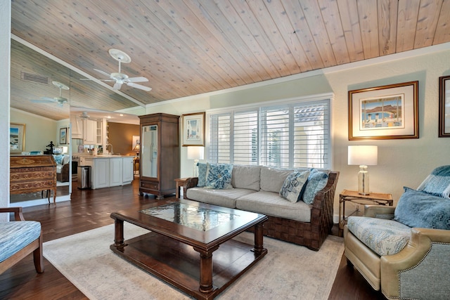 living room featuring wood-type flooring, ceiling fan, wooden ceiling, and crown molding