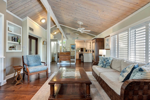 living room featuring dark hardwood / wood-style flooring, vaulted ceiling with beams, wood ceiling, and ceiling fan