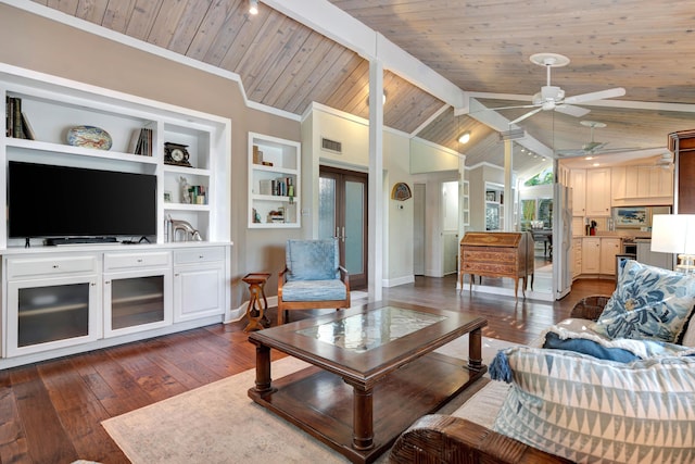 living room with built in features, ceiling fan, vaulted ceiling with beams, dark hardwood / wood-style flooring, and wooden ceiling