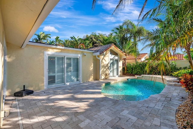 view of pool with a patio and pool water feature