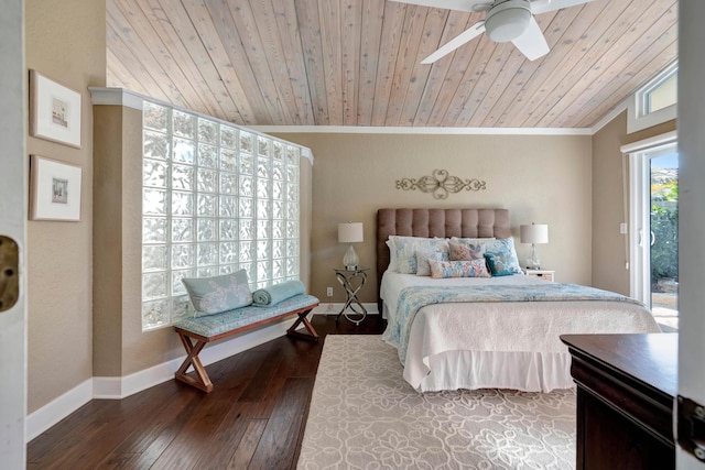 bedroom featuring wood ceiling, ceiling fan, wood-type flooring, and access to outside