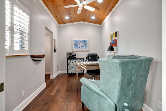 office area with dark hardwood / wood-style floors, lofted ceiling, ornamental molding, ceiling fan, and wooden ceiling