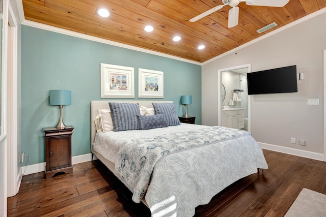 bedroom with wood ceiling, ceiling fan, crown molding, dark wood-type flooring, and ensuite bath