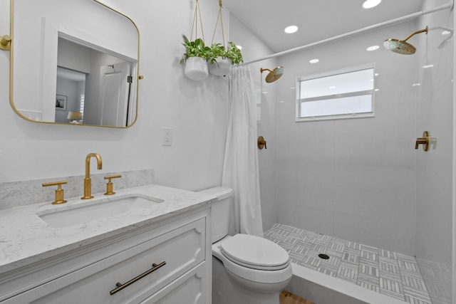 bathroom featuring toilet, curtained shower, and vanity