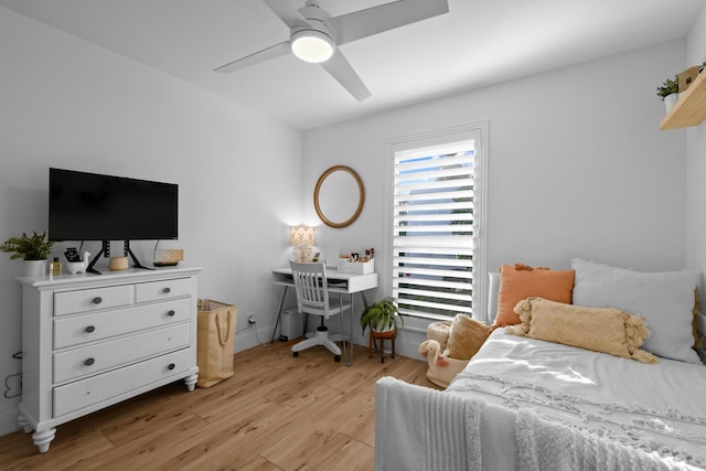 bedroom featuring ceiling fan and light wood-type flooring