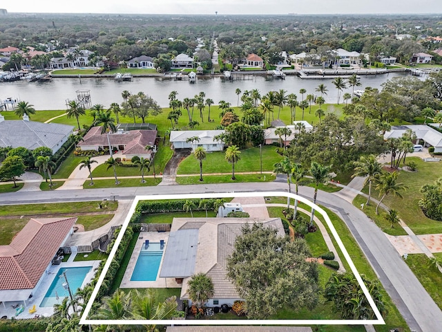 aerial view featuring a water view