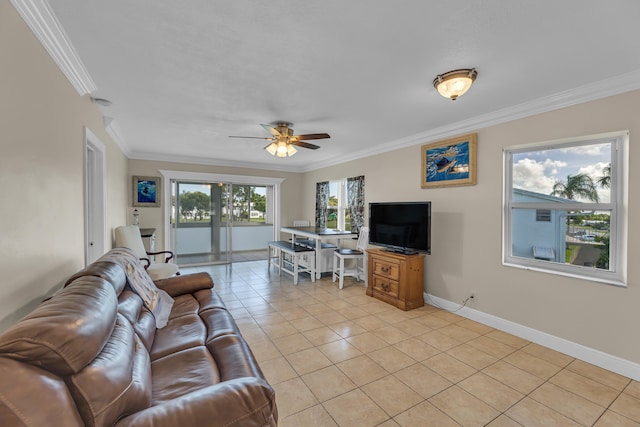 tiled living room featuring crown molding and ceiling fan