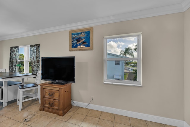 tiled living room featuring ornamental molding