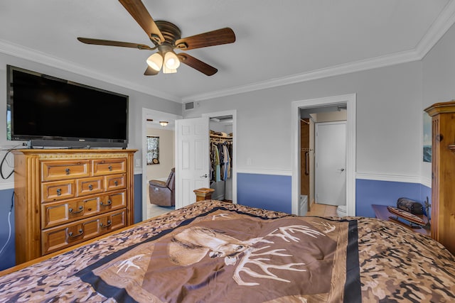 bedroom with a closet, a spacious closet, ceiling fan, and ornamental molding