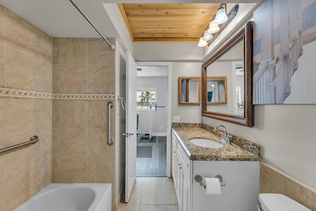 full bathroom with vanity, wooden ceiling, tiled shower / bath, tile patterned flooring, and toilet