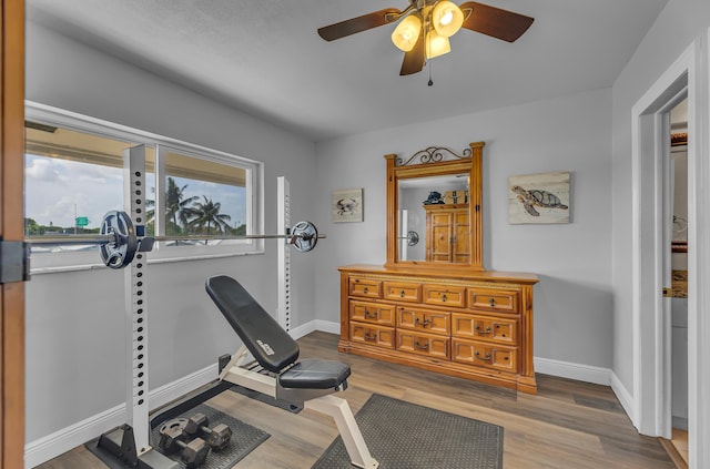 workout room with hardwood / wood-style floors and ceiling fan