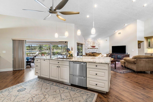 kitchen featuring a sink, stainless steel dishwasher, wood finished floors, open floor plan, and light stone countertops