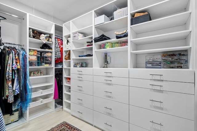 walk in closet featuring light hardwood / wood-style flooring