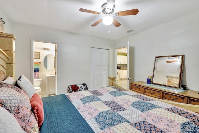 bedroom featuring ceiling fan, ensuite bathroom, and a closet