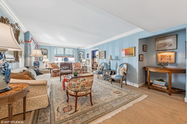 living room featuring carpet and crown molding