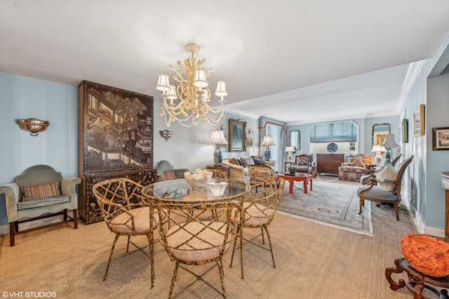 carpeted dining area with a notable chandelier