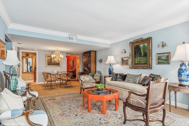 living room featuring ornamental molding and an inviting chandelier