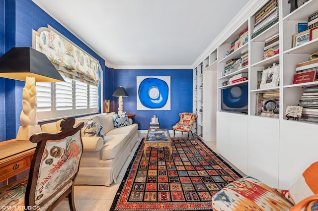 tiled living room with ornamental molding