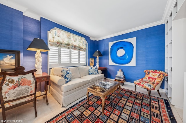 tiled living room with crown molding