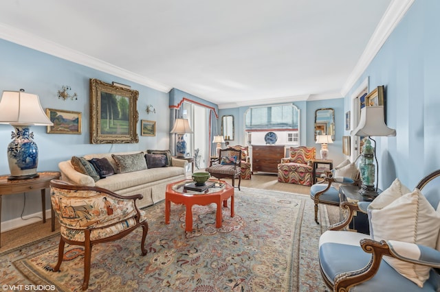 living room with ornamental molding