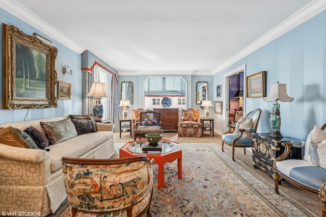 living room with crown molding