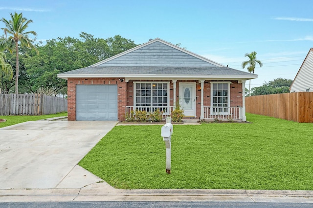 view of front of property featuring a front lawn, a porch, and a garage