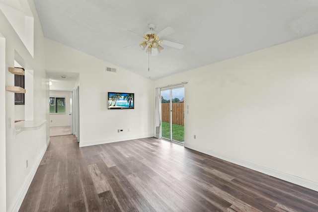 unfurnished living room featuring dark hardwood / wood-style floors, ceiling fan, and lofted ceiling