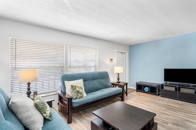 living room with wood-type flooring and a textured ceiling