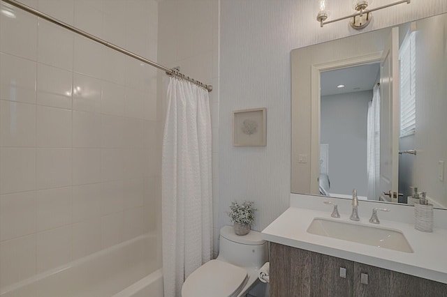 full bathroom with toilet, vanity, and shower / bath combo with shower curtain