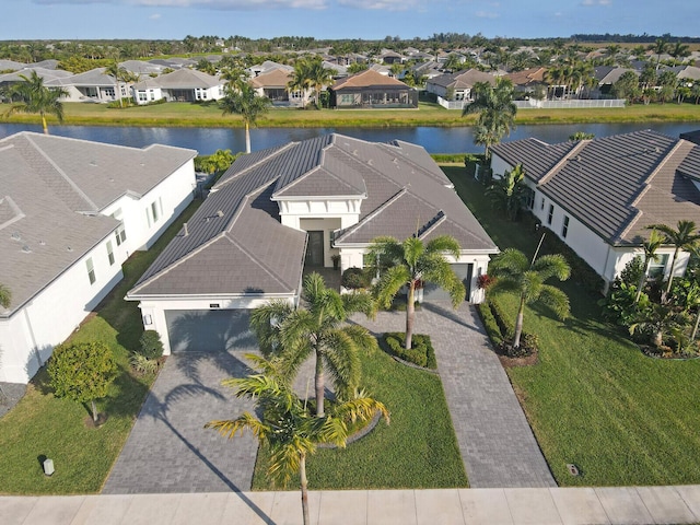 aerial view featuring a water view