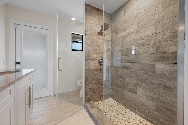 bathroom featuring toilet, vanity, and tiled shower