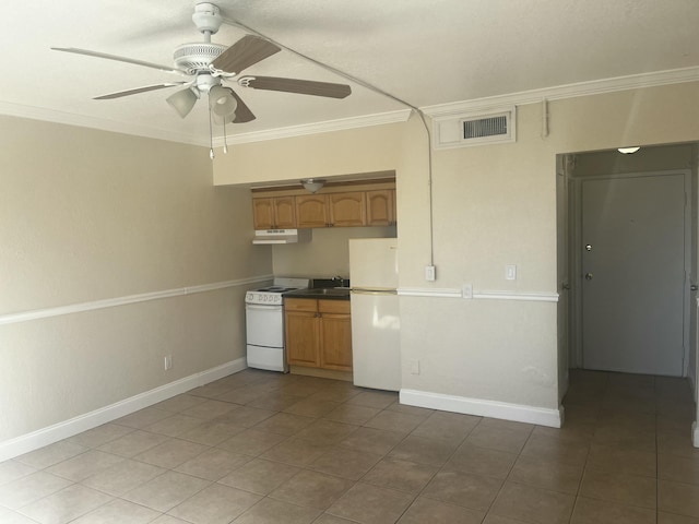 kitchen with ceiling fan, sink, tile patterned floors, crown molding, and white appliances