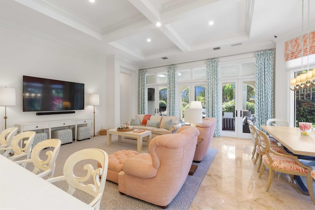 living room featuring french doors, coffered ceiling, ornamental molding, beam ceiling, and a notable chandelier