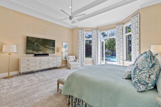 bedroom with carpet flooring, access to outside, ceiling fan, and ornamental molding