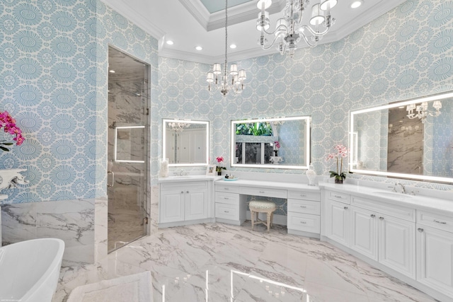 bathroom with crown molding, vanity, and shower with separate bathtub