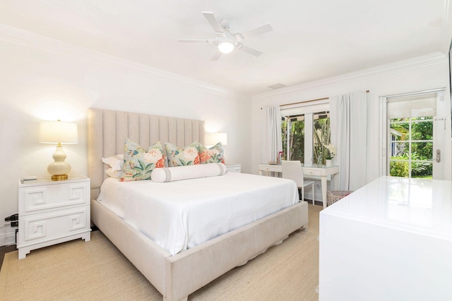 bedroom with ornamental molding, ceiling fan, and access to exterior