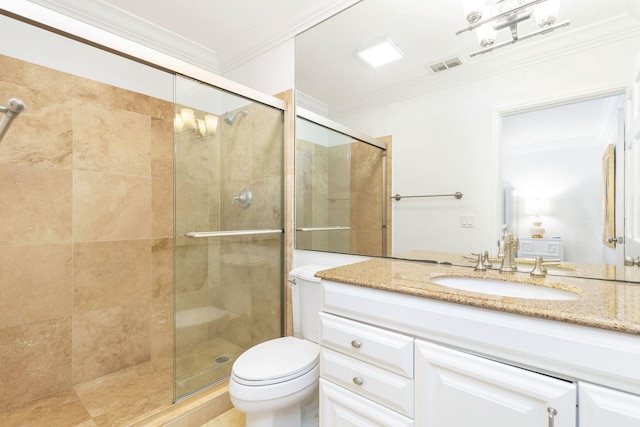 bathroom with toilet, an enclosed shower, ornamental molding, and vanity