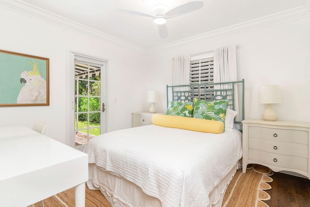 bedroom featuring ceiling fan, access to outside, hardwood / wood-style floors, and crown molding