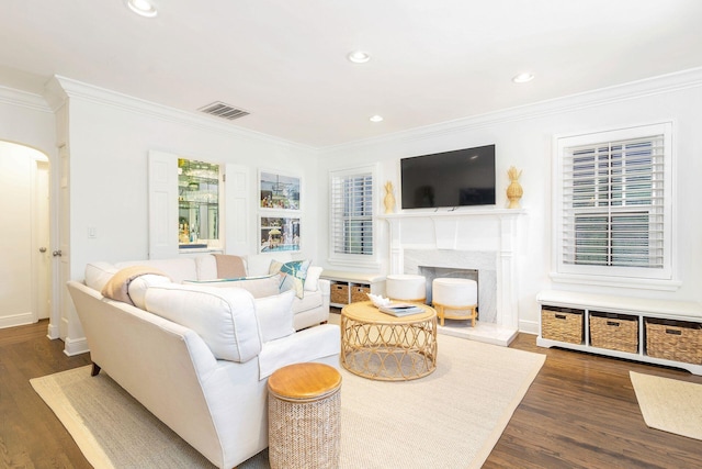 living room featuring dark wood-type flooring and crown molding