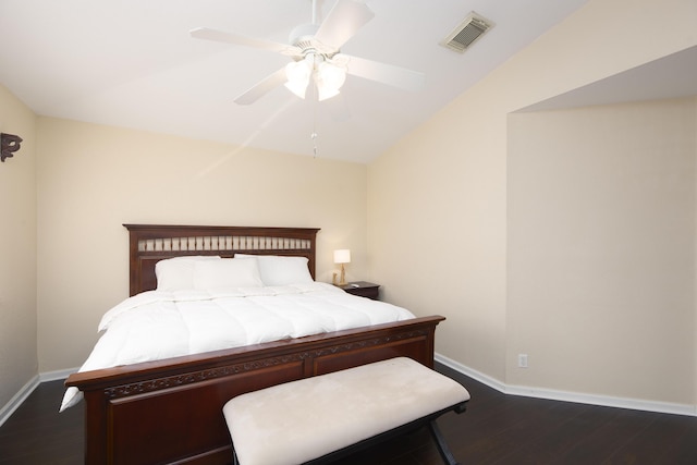 bedroom featuring dark wood-type flooring, ceiling fan, and lofted ceiling