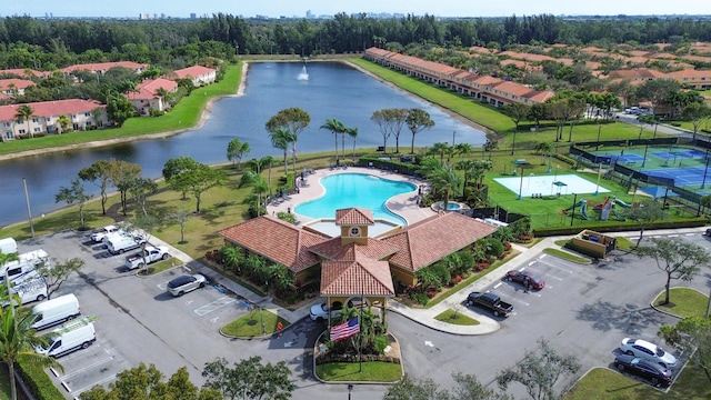 drone / aerial view with a water view