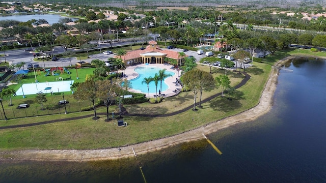 aerial view featuring a water view