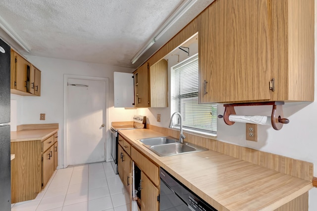 kitchen featuring stainless steel electric stove, a textured ceiling, black dishwasher, sink, and light tile patterned flooring