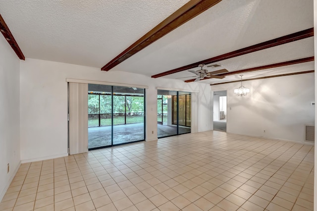 tiled empty room with a textured ceiling, ceiling fan with notable chandelier, and beam ceiling